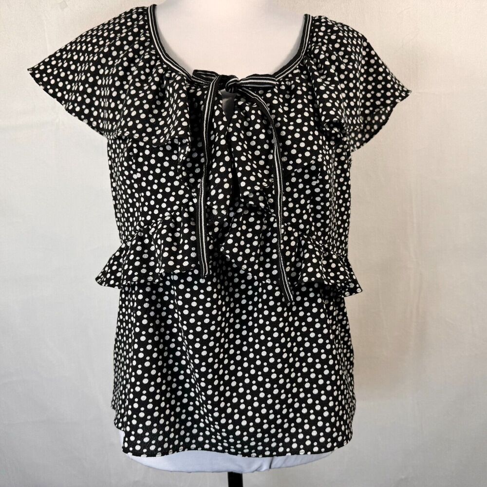 Max Studio Ladies Blouse Sz M Ruffle Polka Dot Bow Tie Flutter Round Neck